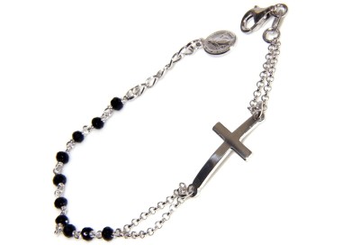 NLB|925 silver rosary miraculous madonna bracelet, convex cross and black crystal 15/17.50 cm