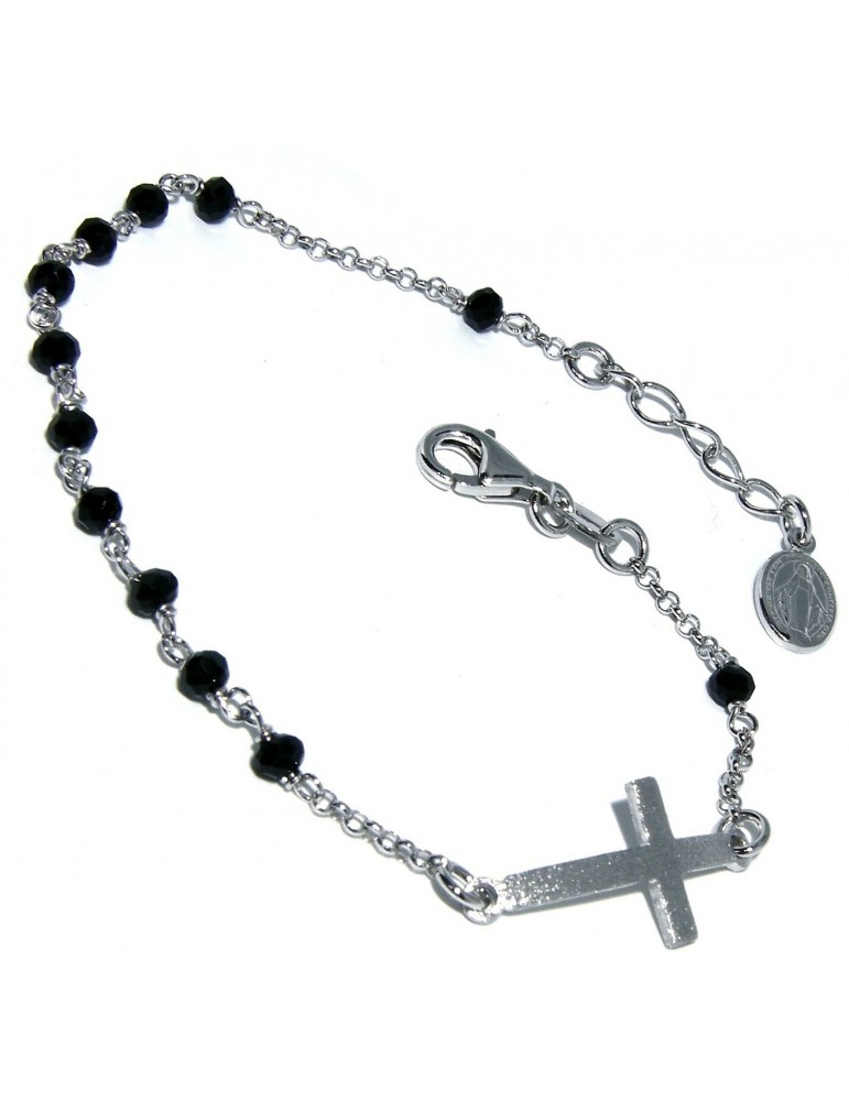 rosary bracelet Silver 925 miraculous madonna satin convex cross and black crystal 18-20 cm