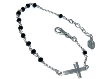 NLB|rosary bracelet Silver 925 miraculous madonna satin convex cross and black crystal 18-20 cm