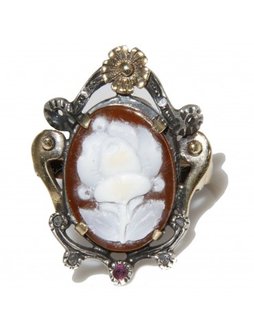 anello cammeo Oro giallo 9kt e Argento 925 anticato barocco ovale con radice di rubino misura 16/17