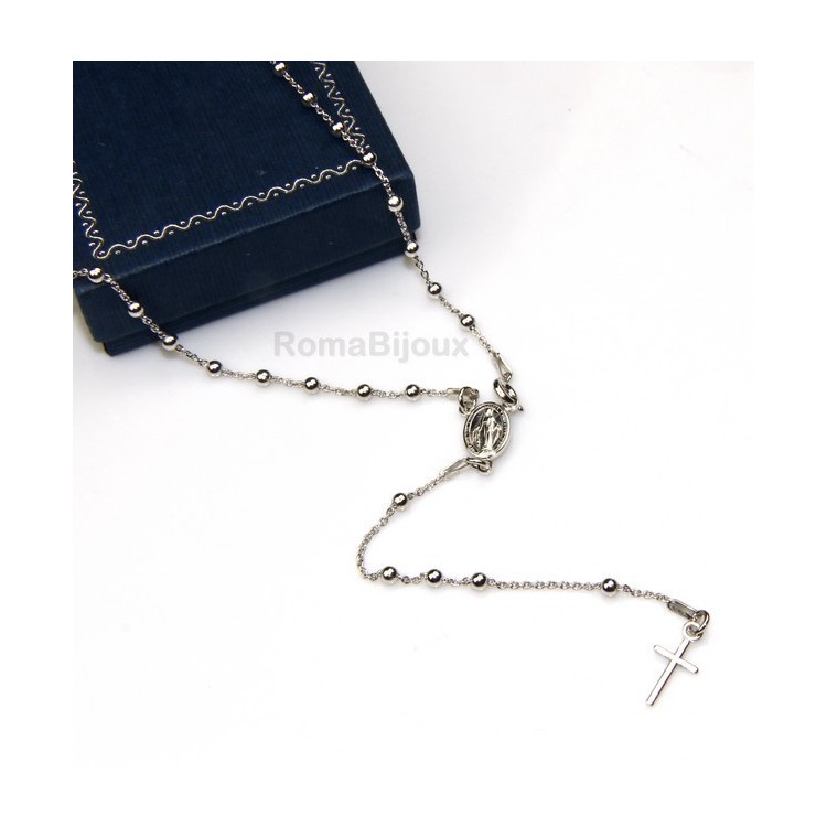 NLB|Rosary necklace man or woman in Silver 925 - lenght 48 cm cross smooth color White Gold