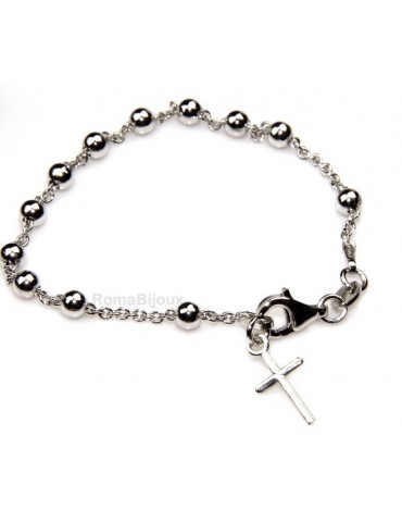 Rosary bracelet man or woman in 925 sterling silver cross smooth rod White gold balls 4 mm length 15.50