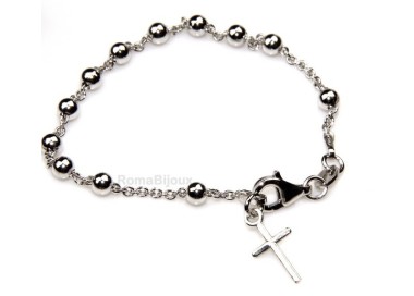NLB|Bracciale rosario uomo o donna in Argento 925 croce liscia rod Oro bianco palline 4 mm mis 15,50