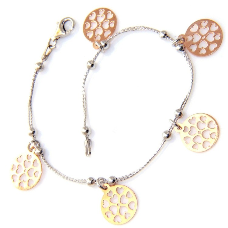 NLB|bracciale cavo doppio medaglie oro rosa cuore inciso tutto argento 925
