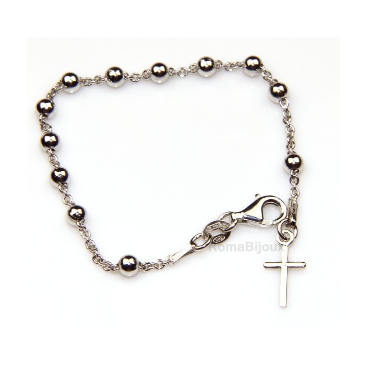 NLB|Bracciale rosario uomo o donna in Argento 925 croce liscia rod Oro bianco palline 4 mm misura a scelta