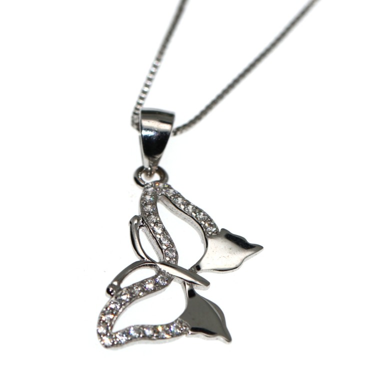 NLB|Collier 925 silver butterfly pendant white zircons necklace