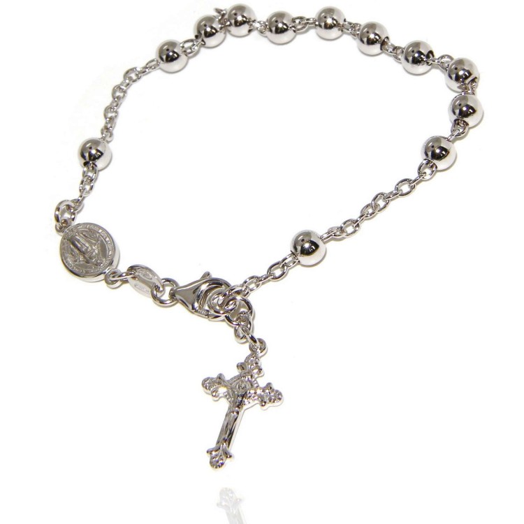 NLB|Rosary bracelet male female 925 sterling silver cross worked 18-19 cm balls 5mm rhodium