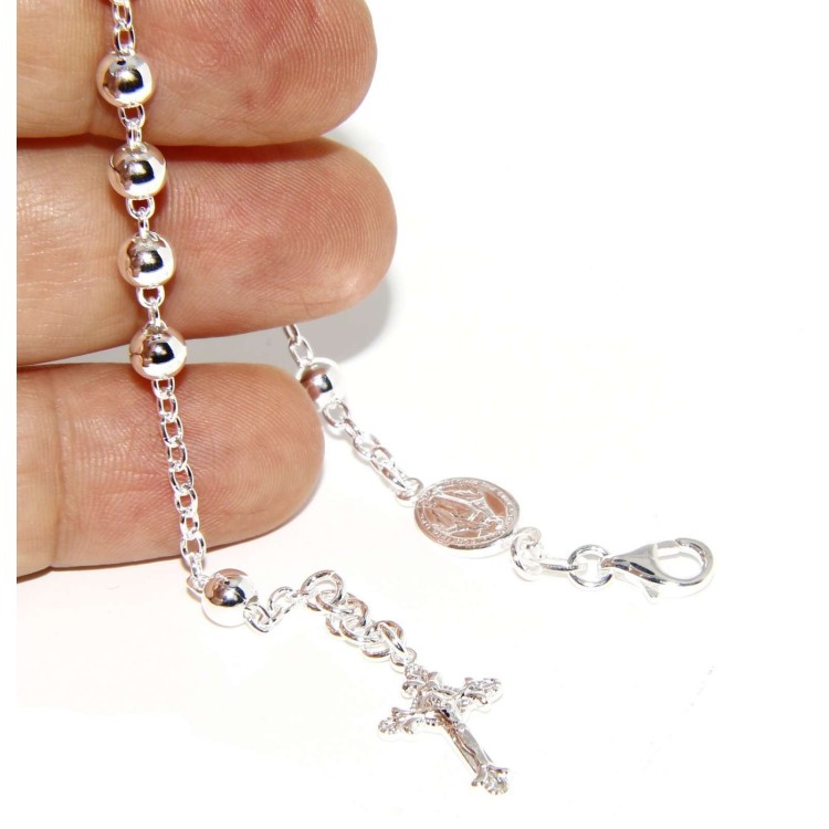 NLB|Rosary bracelet male female 925 sterling silver cross worked 18-19 cm balls 5 mm clear