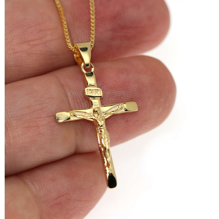 NLB|925 silver cross necklace with yellow gold plated crucifix for men and women