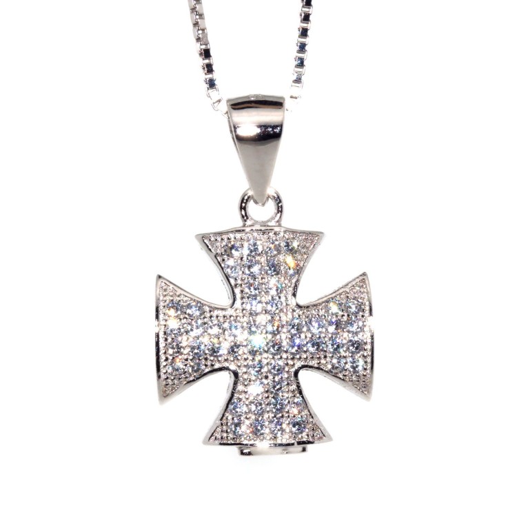 NLB|collier 925 silver maltese cross cubic zirconia pendant necklace