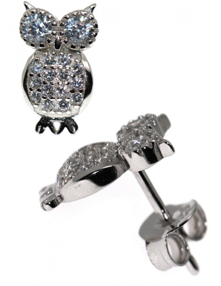 Orecchini gufo civetta argento 925 con pave' di zirconi bianchi Orecchini gufo civetta argento 925 con pave' di zirconi bianchi