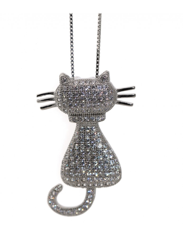Collana gatto grande argento 925 zirconi ciondolo bianco brillanti Collana gatto grande argento 925 zirconi ciondolo bianco brillanti