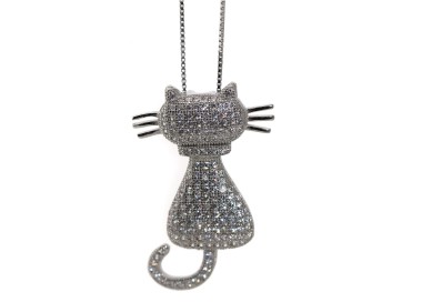 NLB|Collana gatto grande argento 925 zirconi ciondolo bianco brillanti