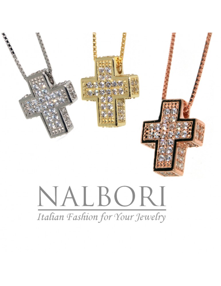 925 silver cross necklace boxed 3D cubic zirconia pave for woman white rose yellow gold NALBORI