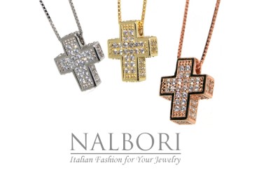 NLB|925 silver cross necklace boxed 3D cubic zirconia pave for woman white rose yellow gold NALBORI