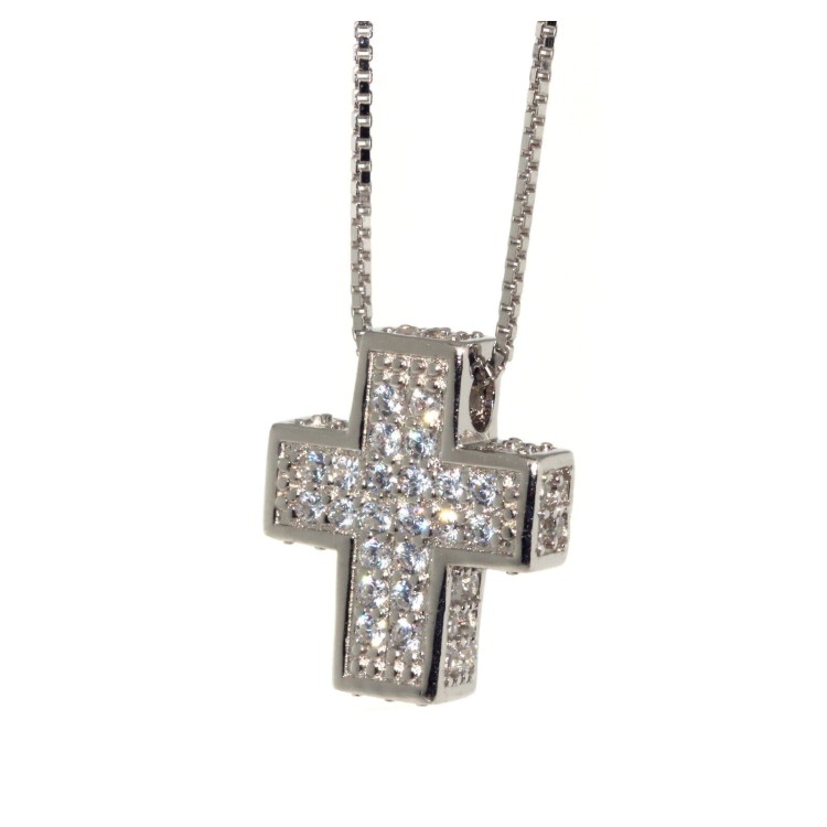 NLB|Collana croce argento 925 scatolata 3D pavè di zirconi donna oro bianco marca nalbori