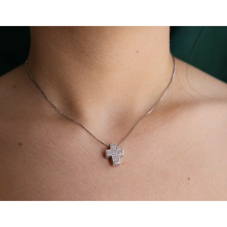 NLB|925 silver cross necklace boxed 3D cubic zirconia pave for woman white   gold NALBORI
