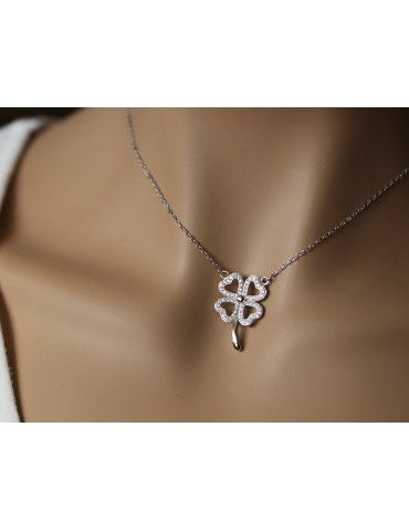925 silver four-leaf clover necklace with large pendant for woman with white zircons