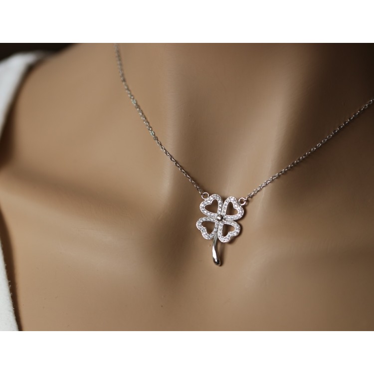 NLB|collana quadrifoglio argento 925 ciondolo grande donna zirconi bianchi