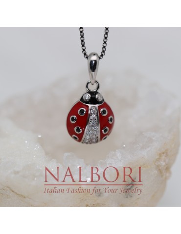 collana coccinella argento 925 zirconi bianchi  rossa a pois neri