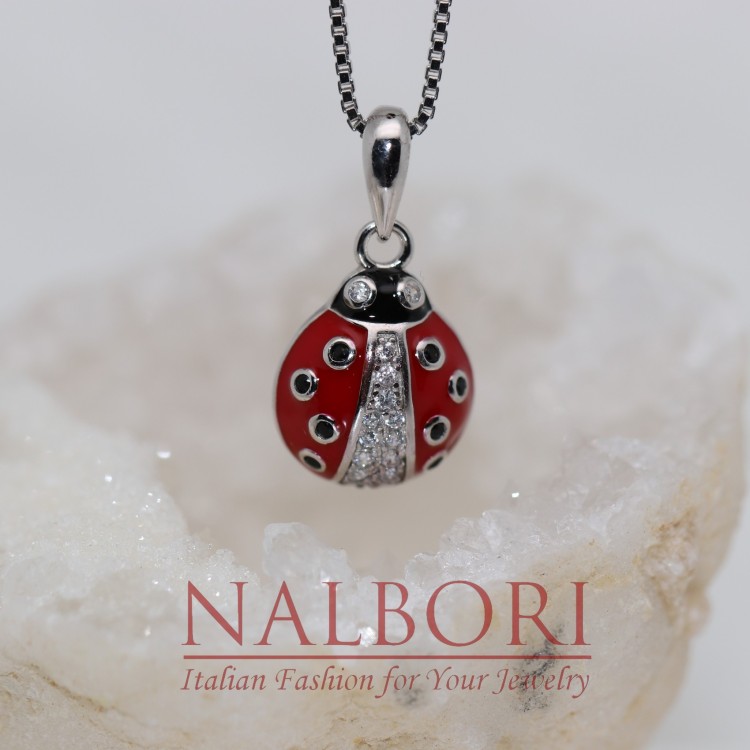 NLB|925 silver ladybug necklace red white zircons with black polka dots