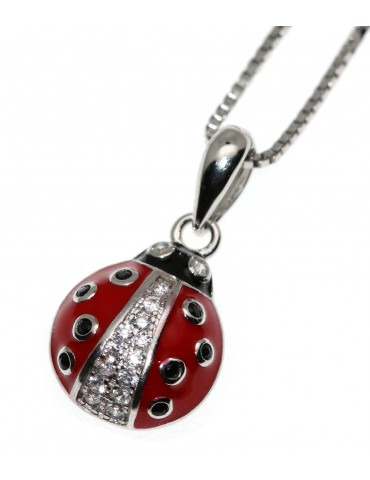 collana coccinella argento 925 zirconi bianchi  rossa a pois neri