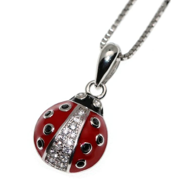 NLB|925 silver ladybug necklace red white zircons with black polka dots