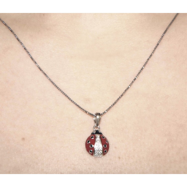 NLB|925 silver ladybug necklace red white zircons with black polka dots