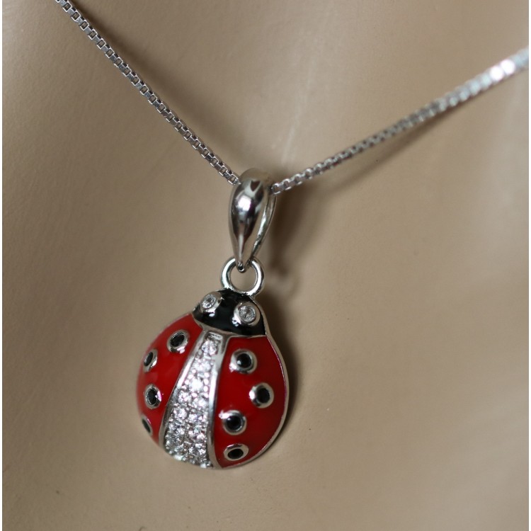 NLB|925 silver ladybug necklace red white zircons with black polka dots
