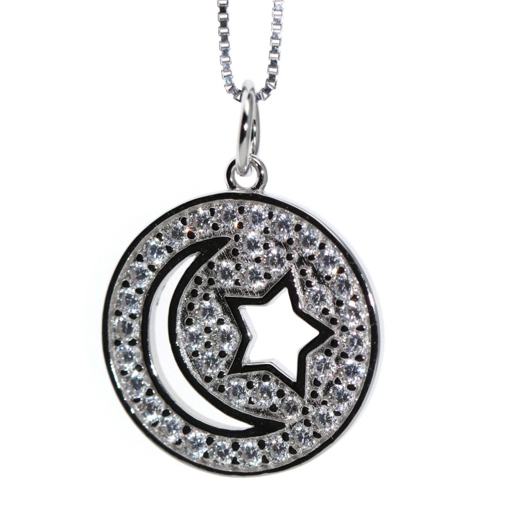 NALBORI collana ciondolo luna e stella argento 925 zirconi medaglia medaglione donna