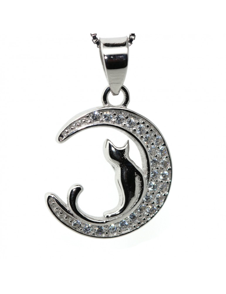 Collana luna gatto argento 925 ciondolo zirconi pavè per donna NALBORI Collana luna gatto argento 925 ciondolo zirconi pavè per donna NALBORI