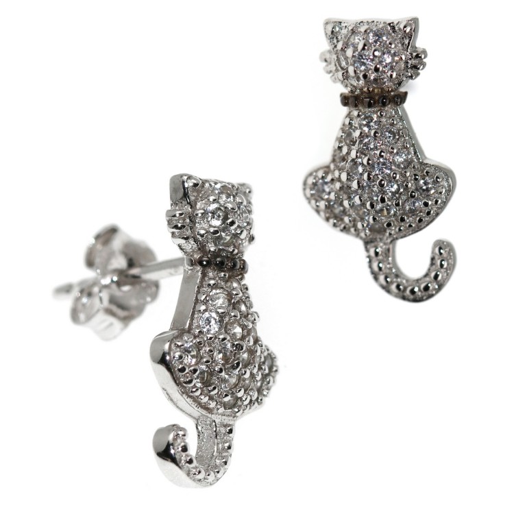 NLB|925 silver cat earrings with white zircons stylized contrariè kitten