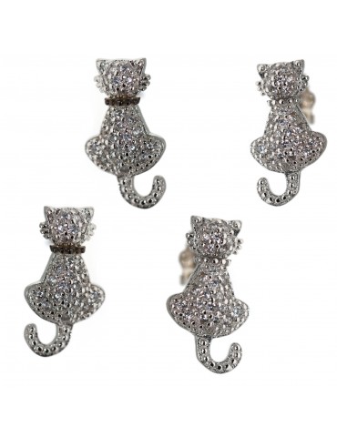 925 silver cat earrings with white zircons stylized contrariè kitten
