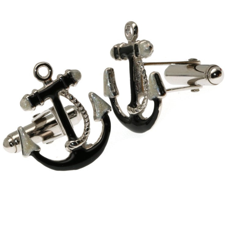 NLB|Mens Cufflinks marine anchor Silver 925 black enamel handmade nalbori