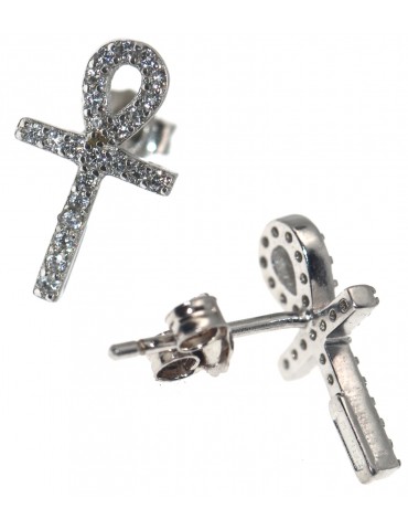 Orecchini argento 925 ankh croce egizia chiave della vita zirconi bianchi ansata