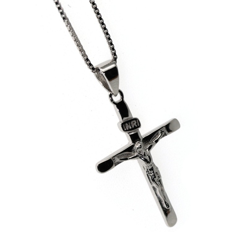 NLB|collana argento 925 croce crocefisso INRI rodiata uomo donna