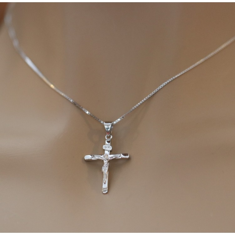 NLB|collana argento 925 croce crocefisso INRI rodiata uomo donna