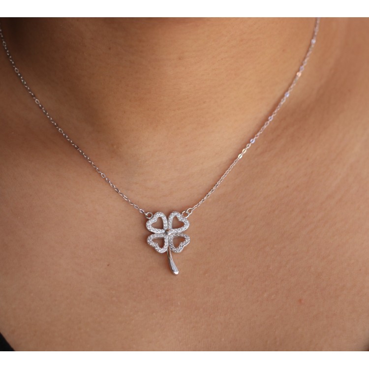 NLB|925 silver four-leaf clover necklace with large pendant for woman with white zircons