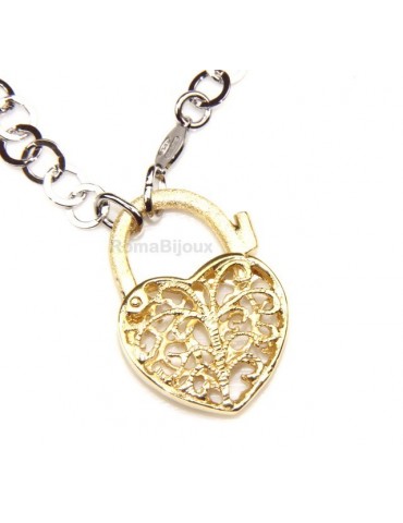 ARGENTO 925 : Girocollo satinato con chiusura ciondolo lucchetto apribile oro Giallo o Rosa