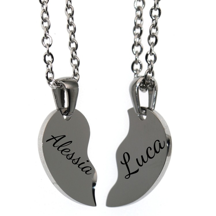 NALBORI|pair of steel necklaces his and hers broken heart 2 complete necklaces with free engraving