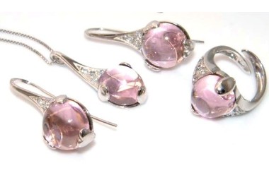 NLB|Argento 925 : esclusiva parure collana anello ciondolo e orecchini ad amo con zirconi e carbochon rosa acceso