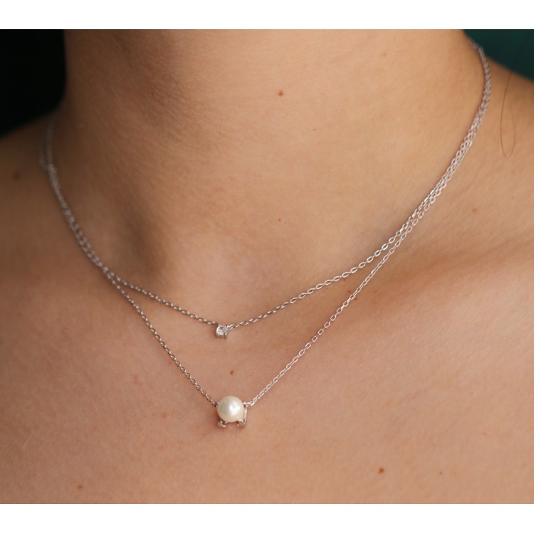NLB|two-strand necklace in 925 silver with light point and white pearl for women
