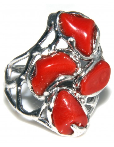 Argento 925 : Anello donna regolabile realizzato a mano con stella di corallo rosso naturale