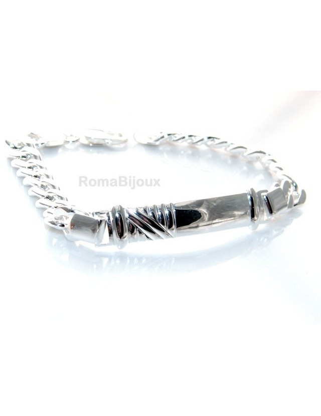 ARGENTO 925 : Bracciale uomo massiccio catena grumetta targa rilievi 20,50 cm 26,30 gr