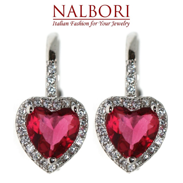NALBORI|silver 925 ear stud earrings red ruby ​​heart and crystal for women