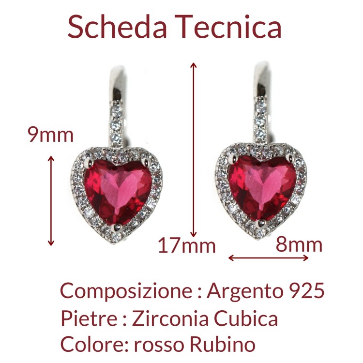 NALBORI|orecchini monachella argento 925 cuore rosso rubino e crystal donna