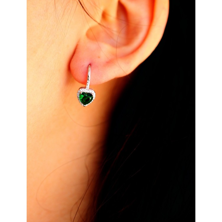 NALBORI|925 silver emerald green and crystal heart stud earrings for women
