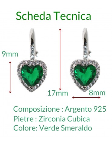 NALBORI|orecchini monachella argento 925 cuore verde smeraldo e crystal donna