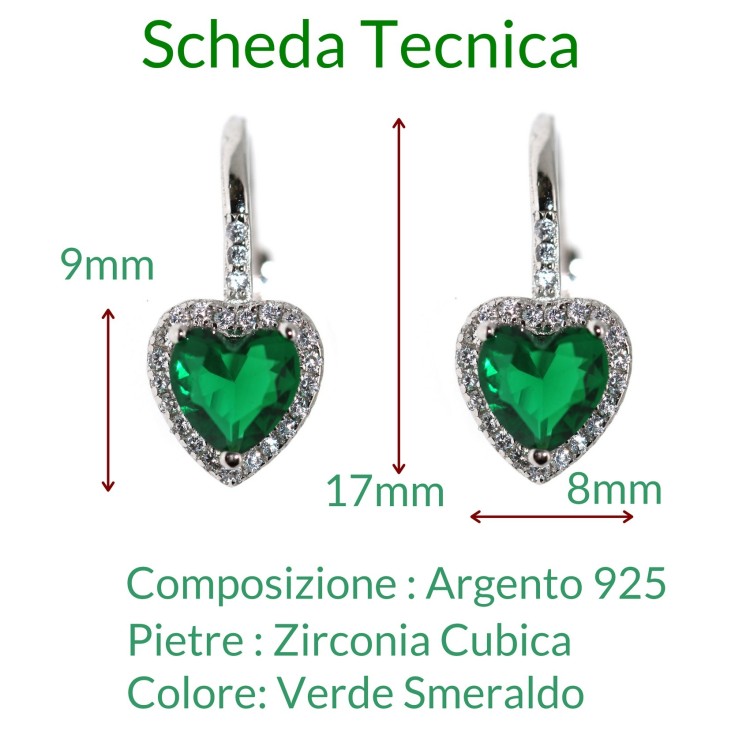 NALBORI|orecchini monachella argento 925 cuore verde smeraldo e crystal donna