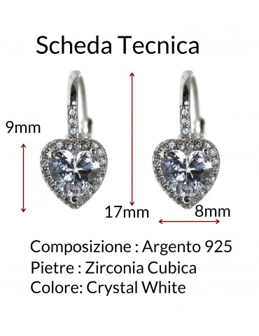 NALBORI|orecchini monachella argento 925 cuore brillante bianco crystal donna